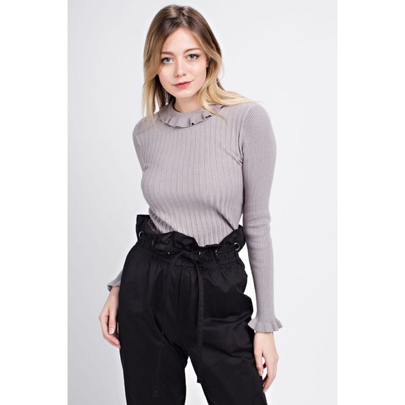 Women's Casual Ruffled Ribbed Turtle Neck Long Sleeve Sweater - Picture 8 of 10